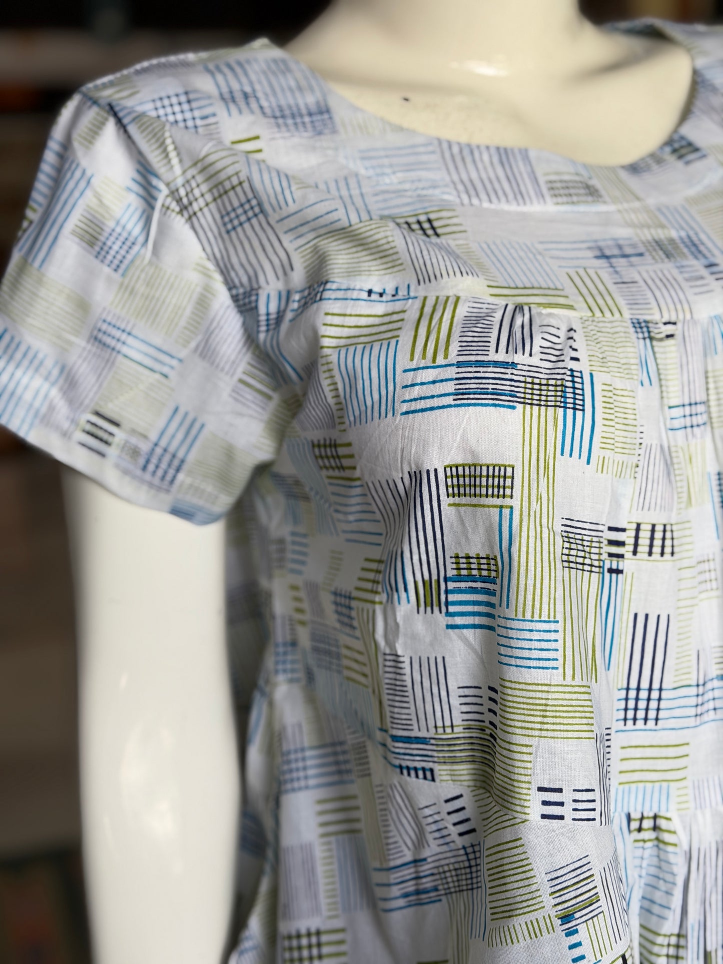 White tiered frills cotton top - hand block printed with blue green lines