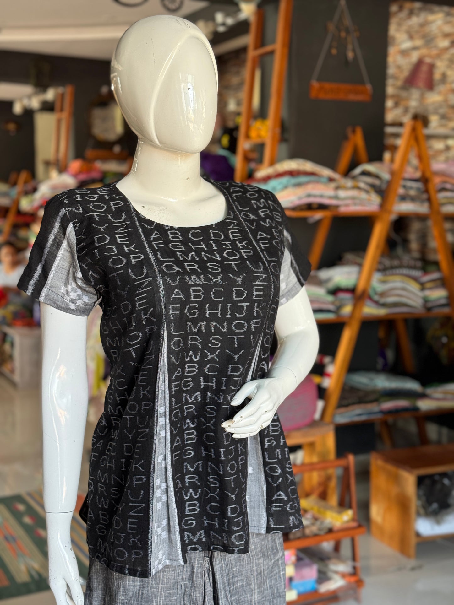 Alphabet design handcrafted ikat cotton handloom top - black and grey, pleated top