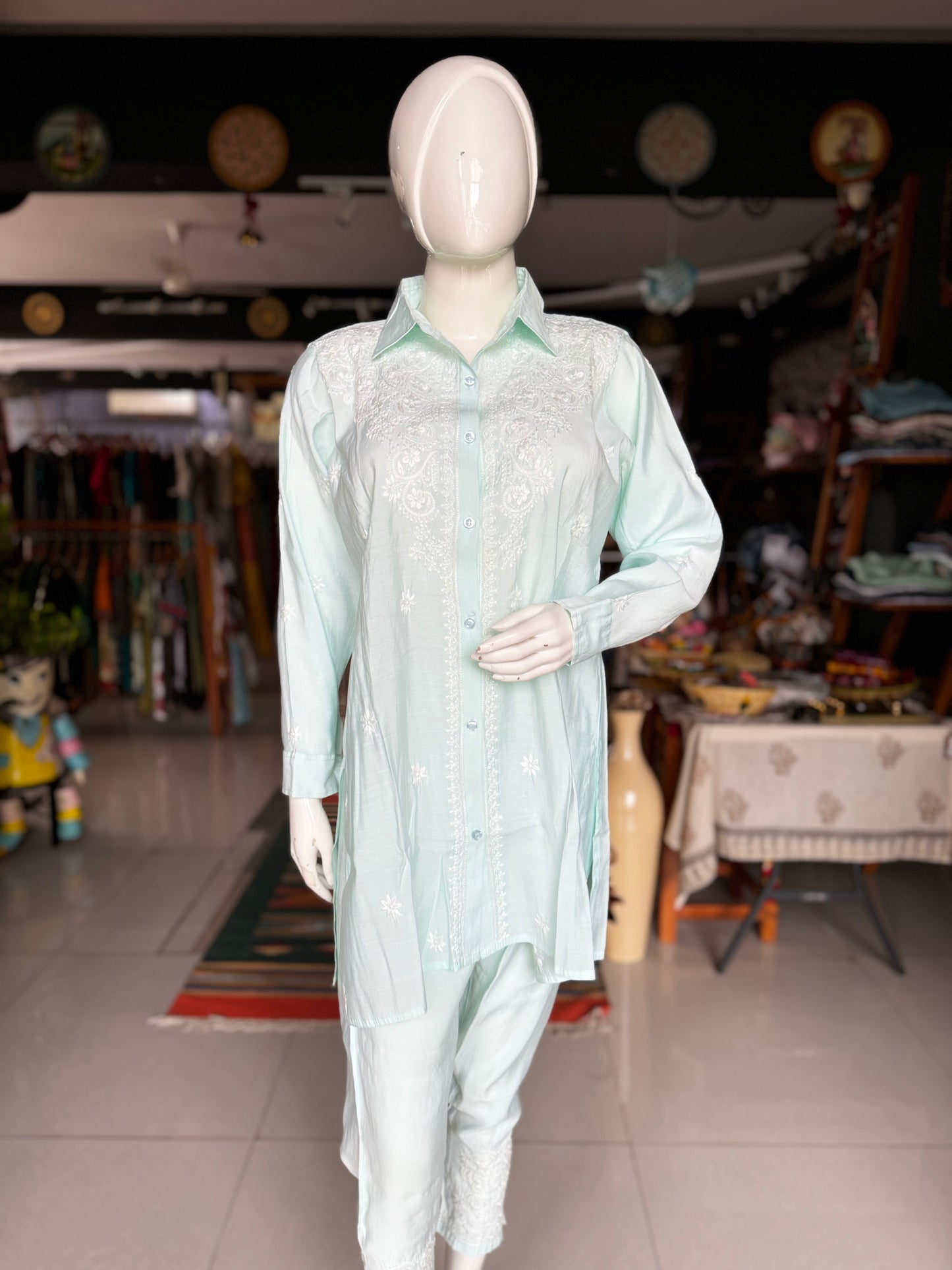 Pastel ice blue Chikankari hand embroidery coord set