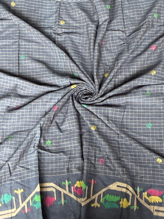 Grey checkered Jamdani soft cotton handloom fabric