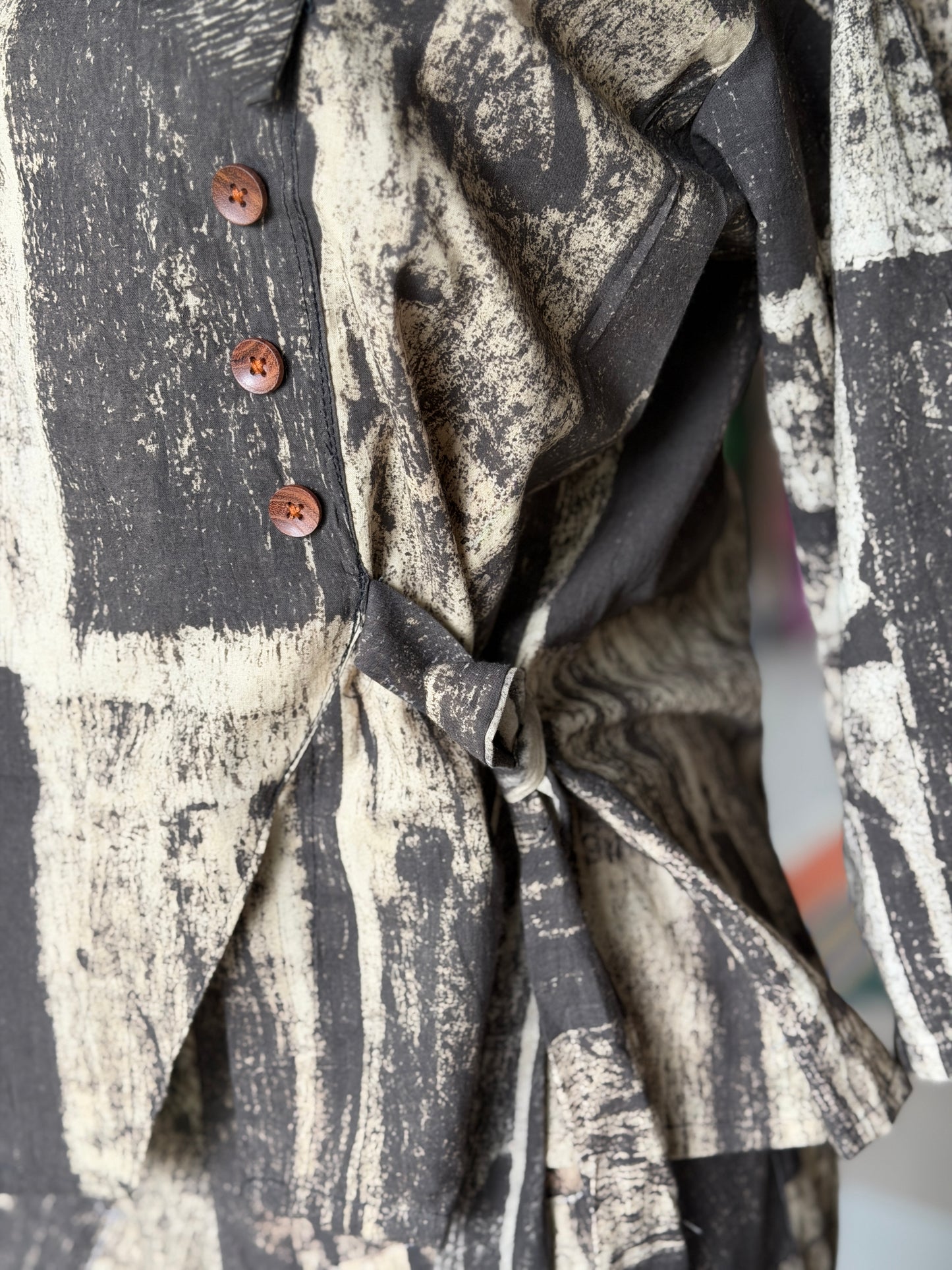 Black and beige hand block printed cotton top with asymmetric neck and side tie