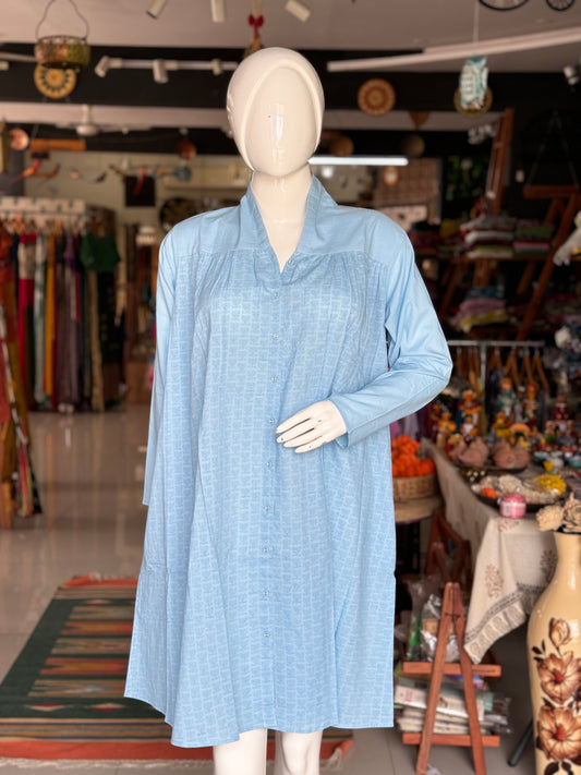 Light blue relaxed fit cotton dress - self design hand block printed