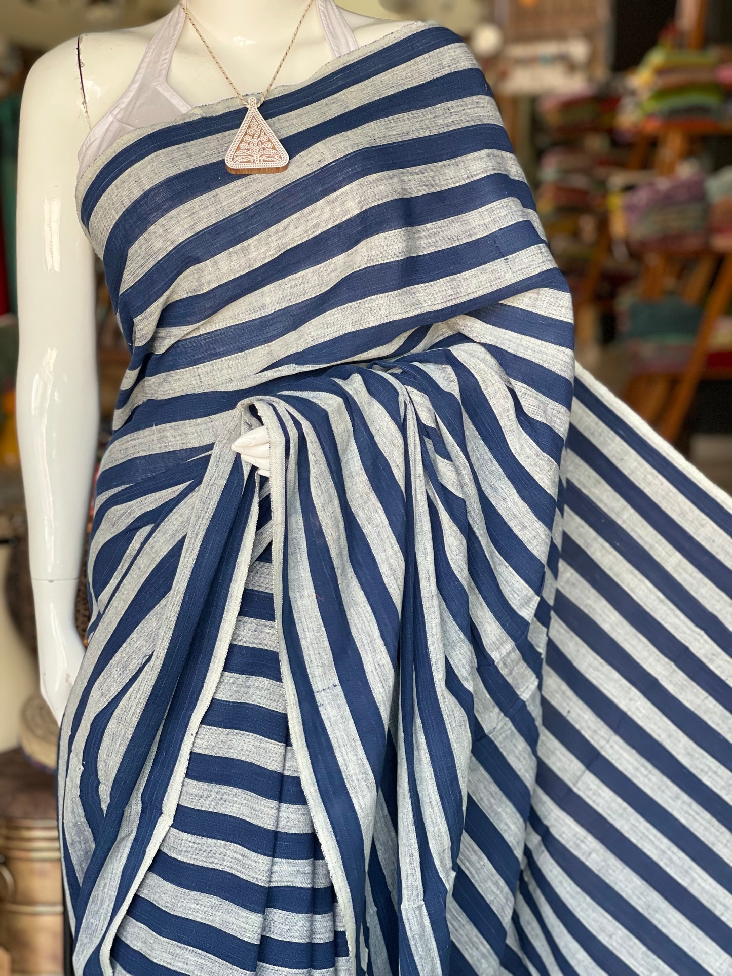 Indigo natural dyed, hand spun, hand woven stripes cotton fabric