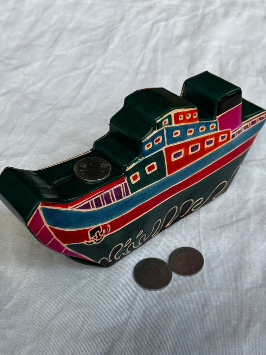 Ship shaped money bank - handcrafted leather