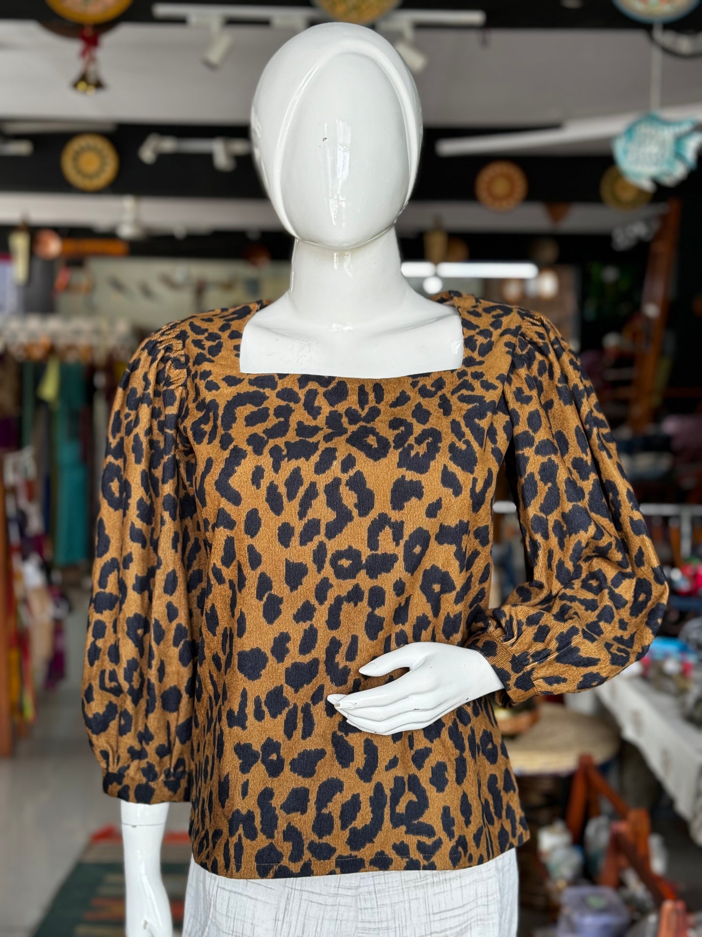 Brown and black corduroy top with leopard animal  print