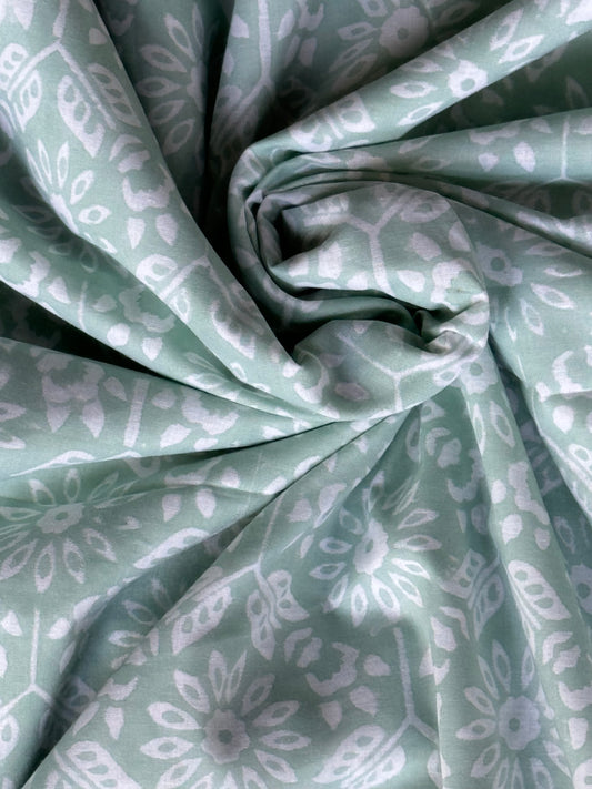 Pastel green floral hand block printed soft cotton fabric