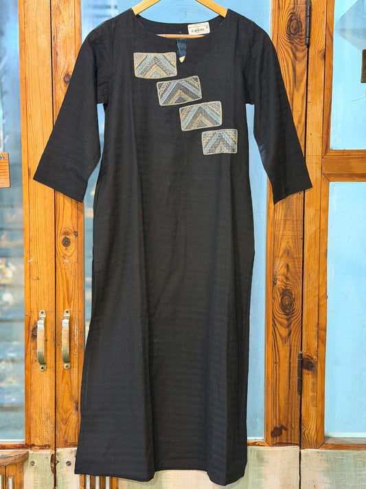 Black textured weave cotton straight kurti with rectangular hand embroidery