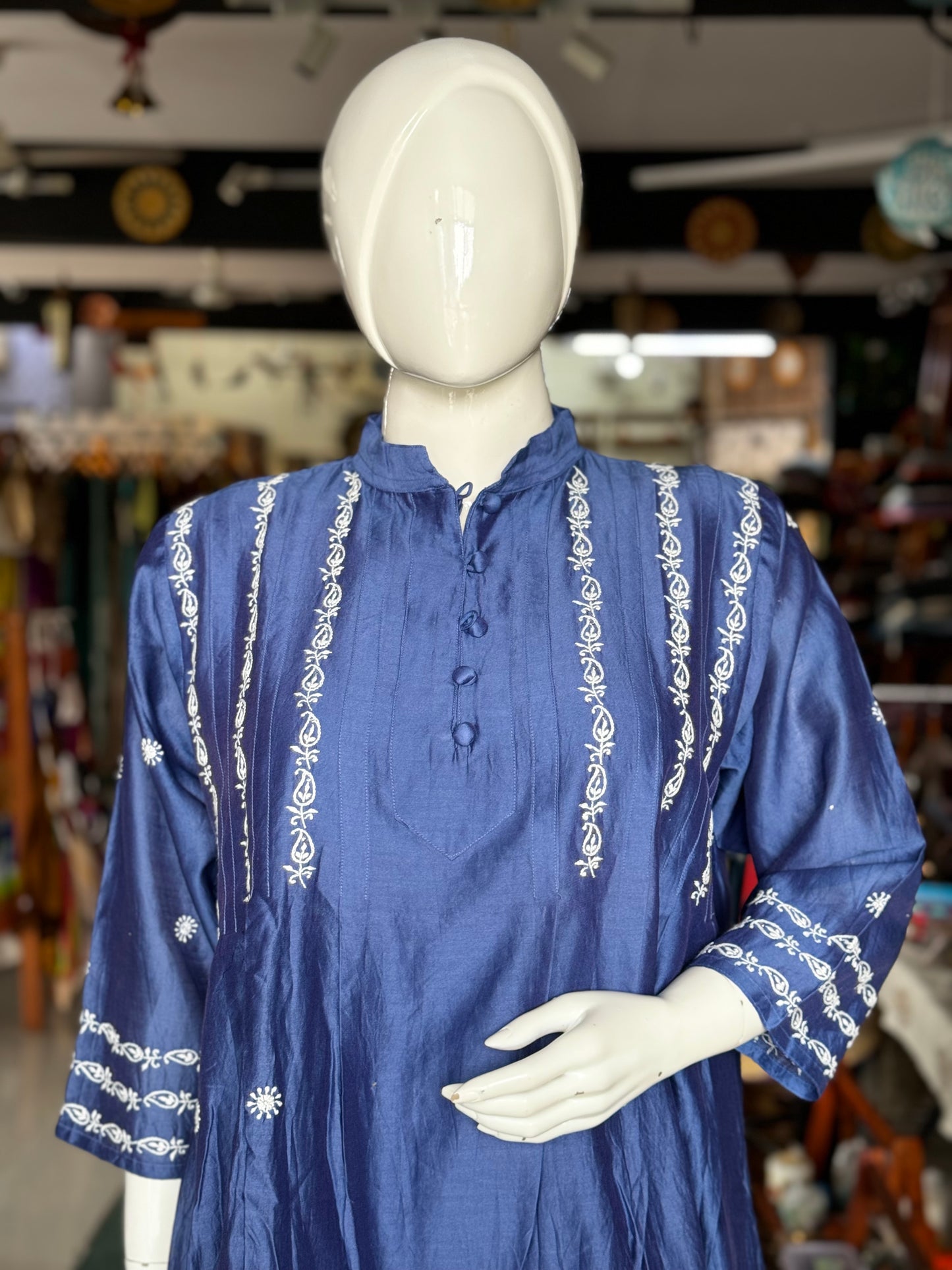 Blue Chanderi soft silk cotton chikankari hand embroidered kurta / dress