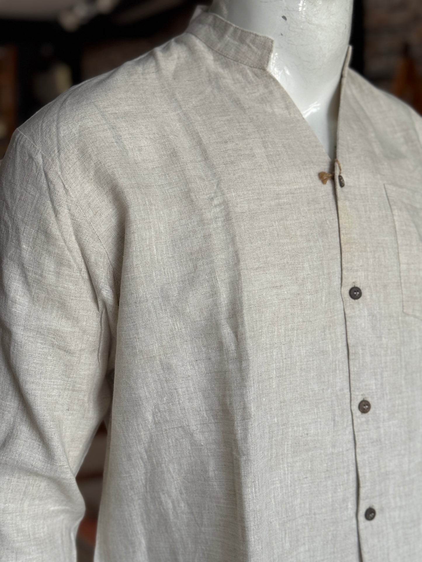 Light beige handwoven linen fancy collared shirt for men with wooden buttons