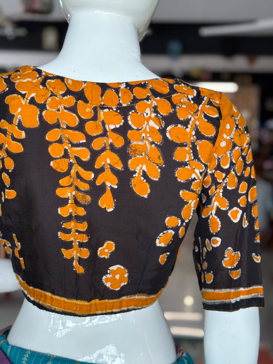 Mustard yellow and black silk batik front open blouse with lining