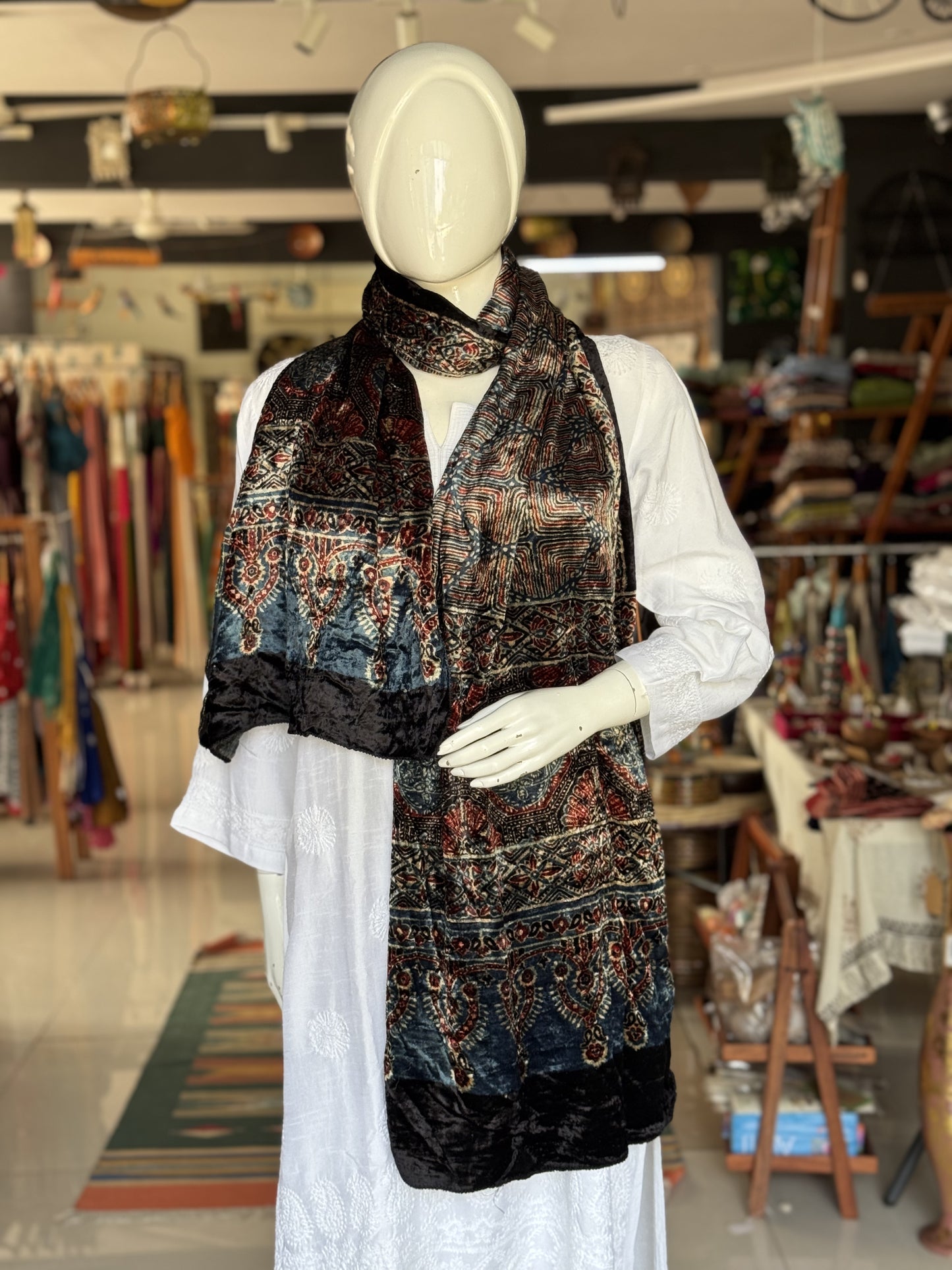 Indigo blue circles and stripes print velvet stole with hand block Ajrakh prints