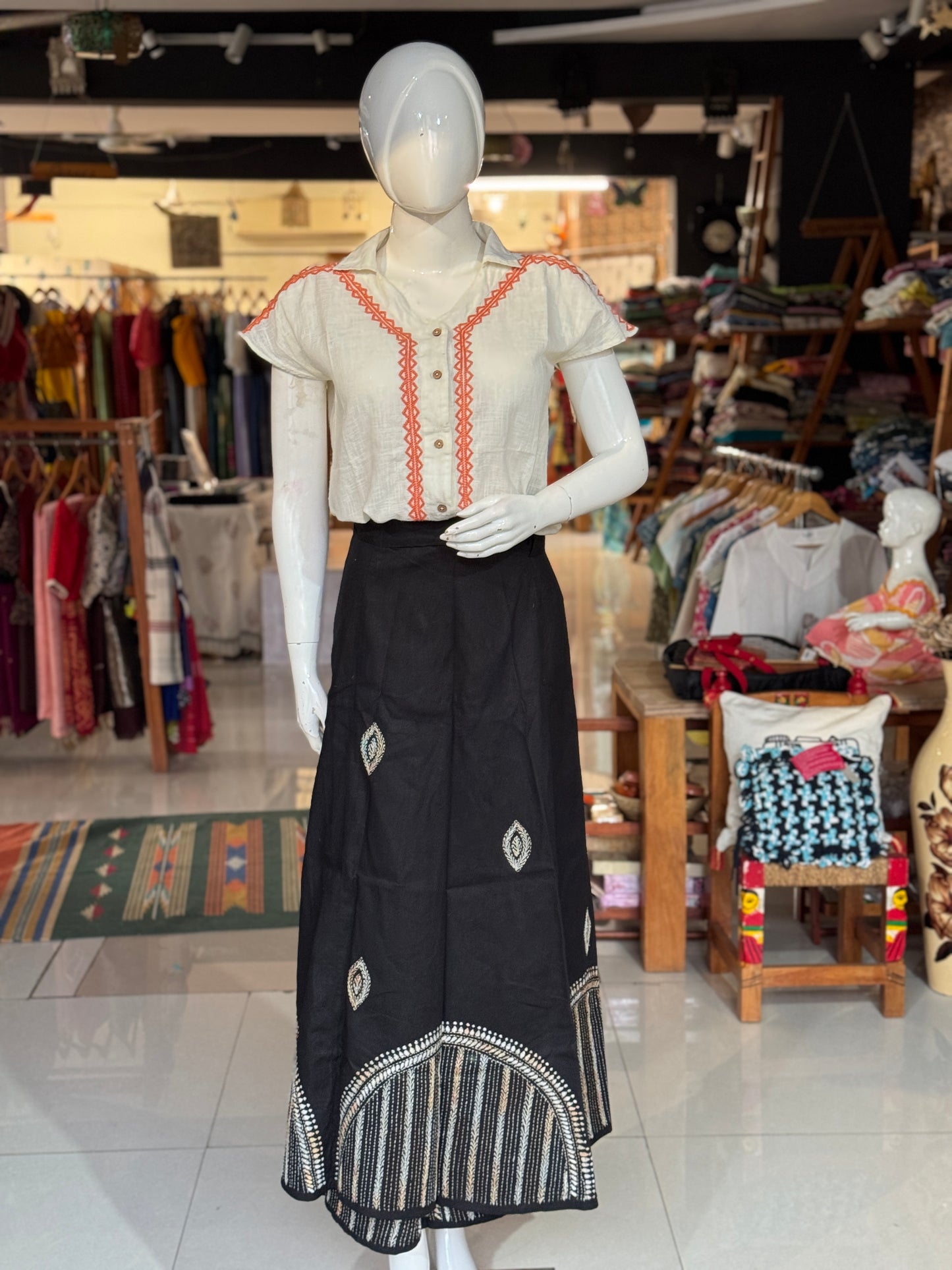 Kantha hand embroidered cotton wrap around skirt - free size - multiple colors