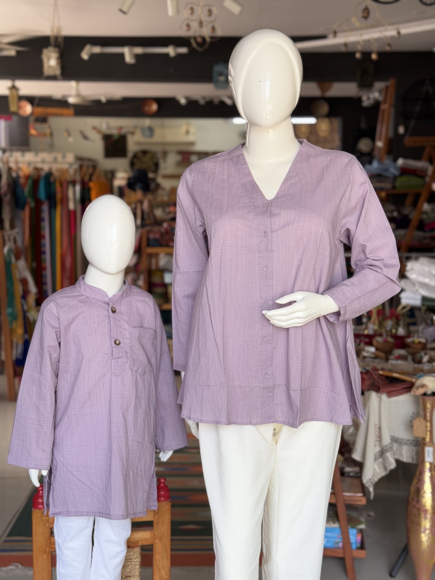 Lavender v-neck A-line cotton shirt - self design hand block printed