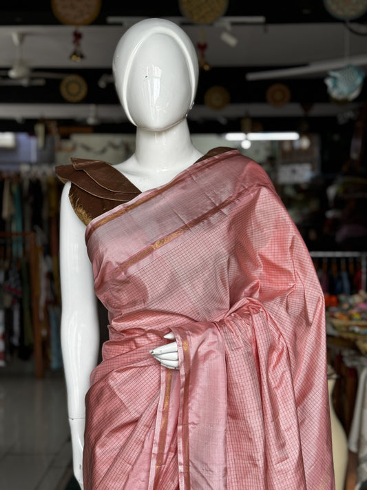 Light pink small checks pure silk handloom kanjeevaram pattu saree