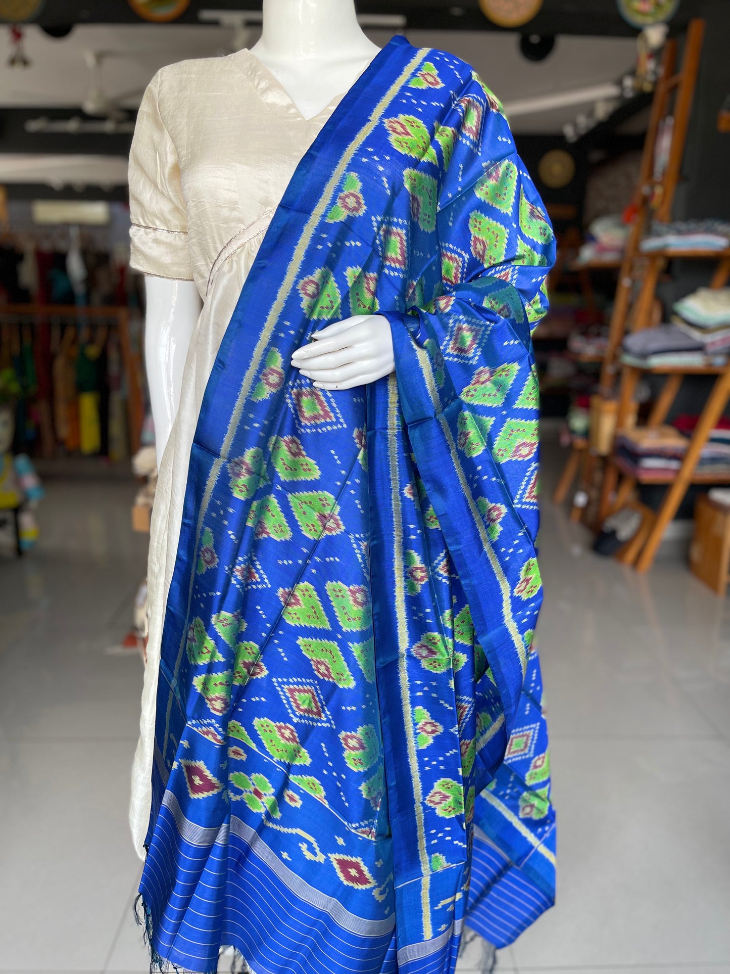 Bright blue and green handwoven mulberry silk ikat patola dupatta
