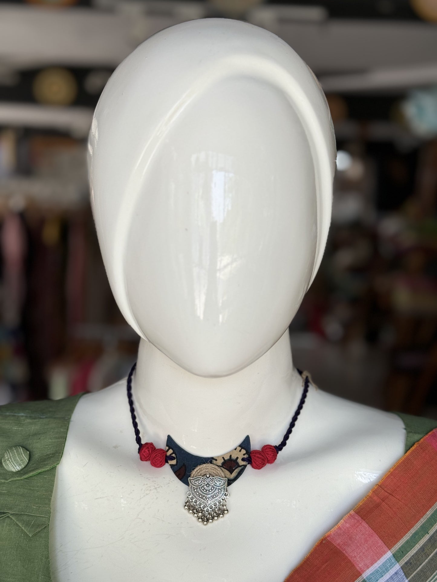 Hand block printed cotton fabric and oxidised silver handcrafted choker neckpiece and earrings set