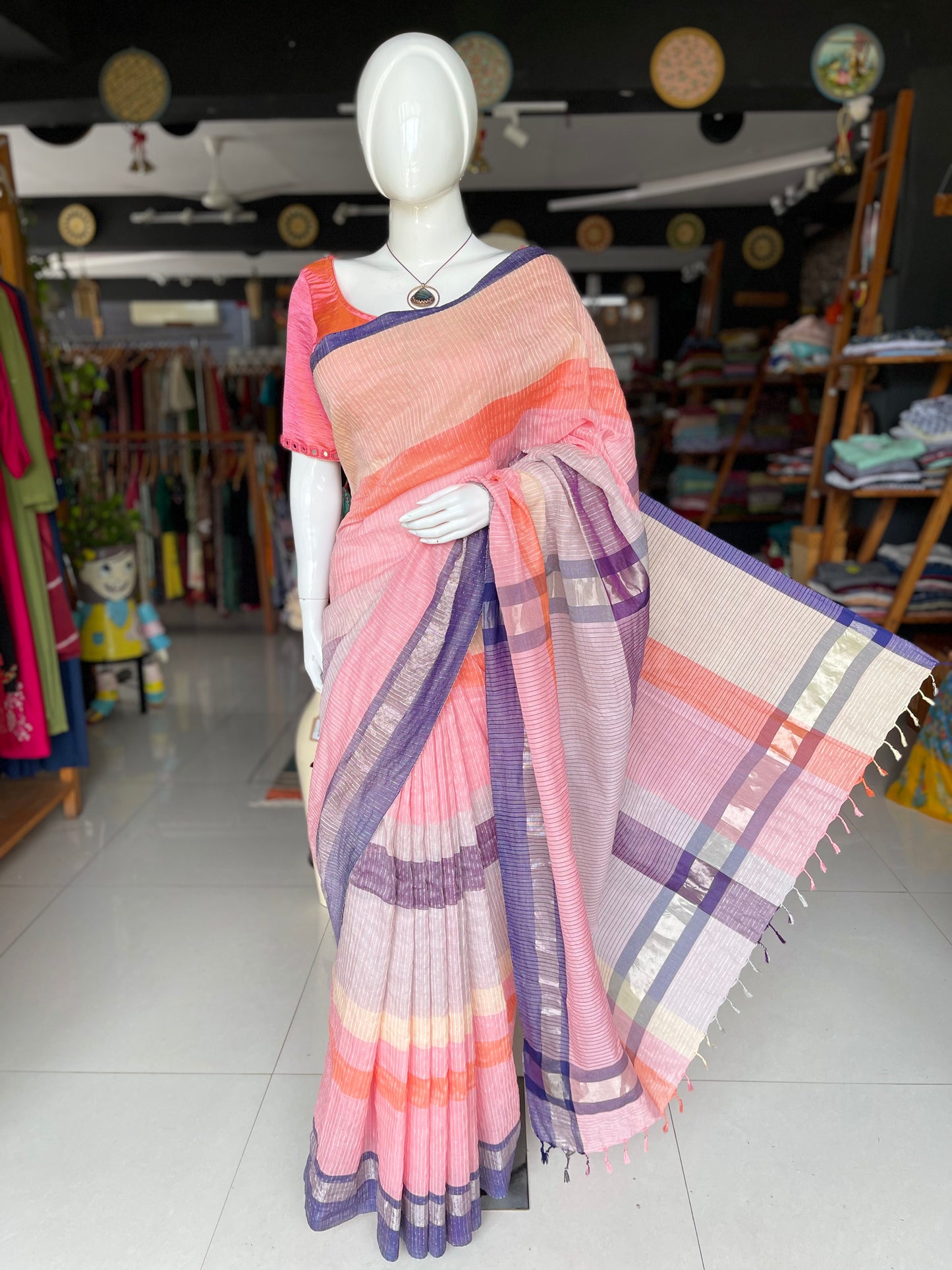 Multi color stripes color block handwoven linen cotton textured saree