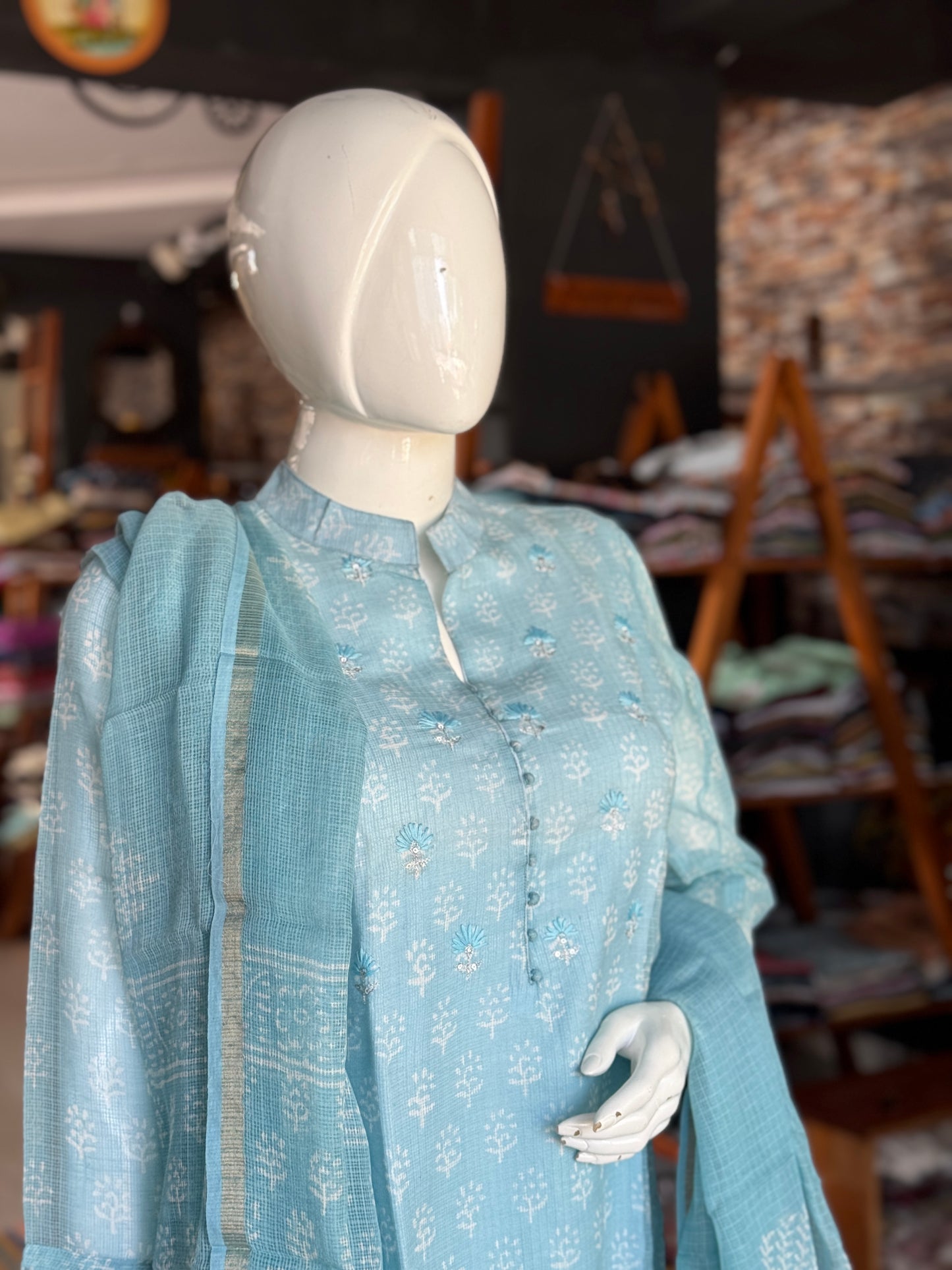 Pastel Blue hand block printed kota cotton straight kurti, pants and dupatta set - with hand embroidery
