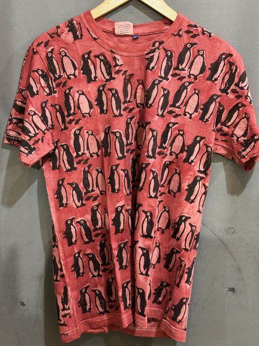 Maroon penguins - hand block printed natural dyed cotton t-shirt