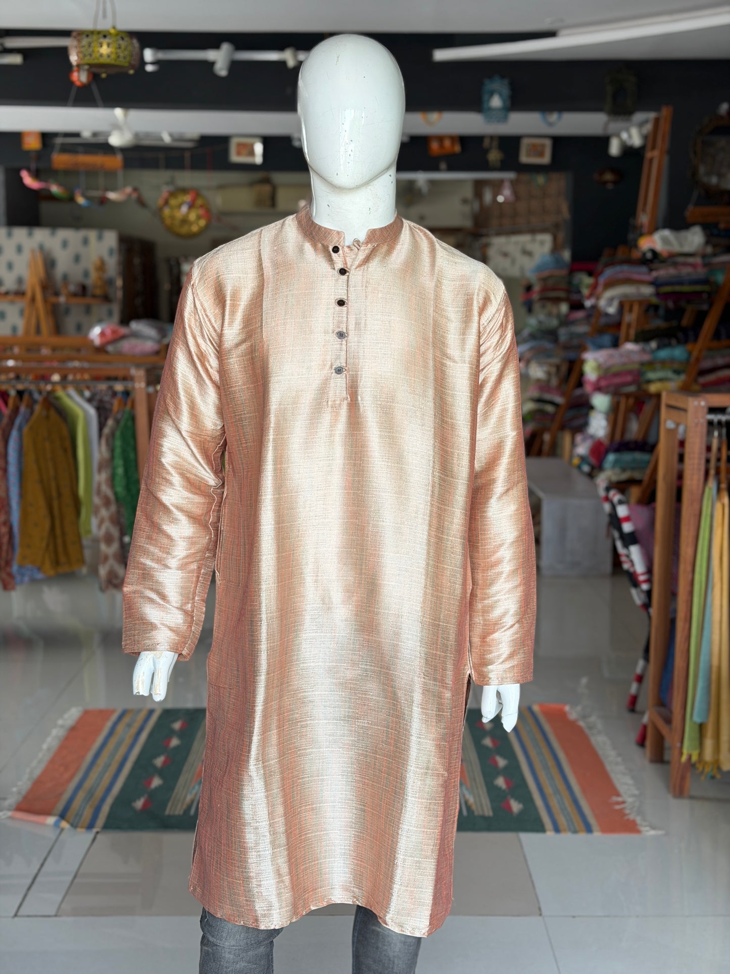 Pastel tone, multi colored art silk full sleeves long kurta for men - gold, peach, green mix