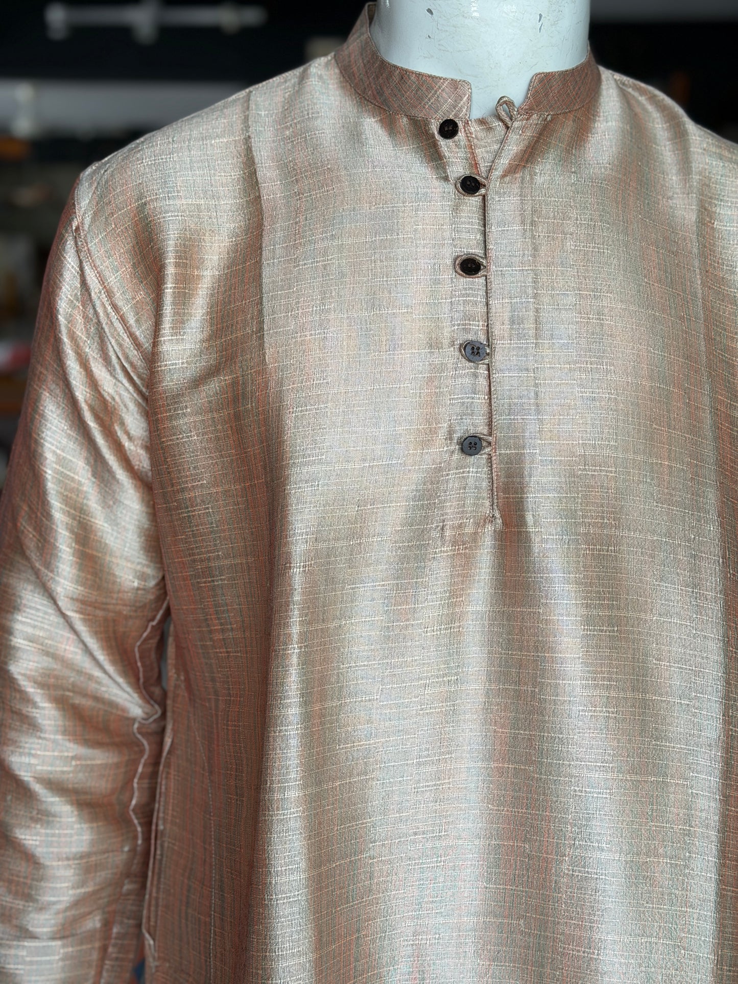 Pastel tone, multi colored art silk full sleeves long kurta for men - gold, peach, green mix