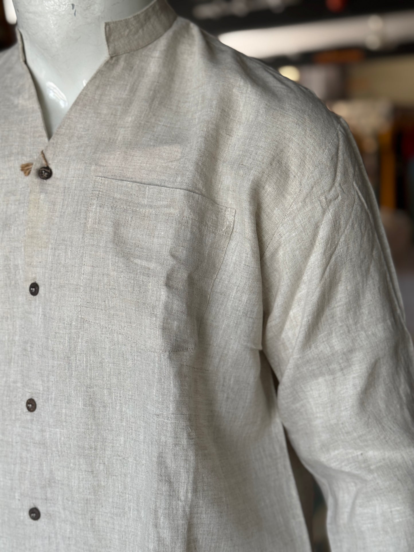 Light beige handwoven linen fancy collared shirt for men with wooden buttons