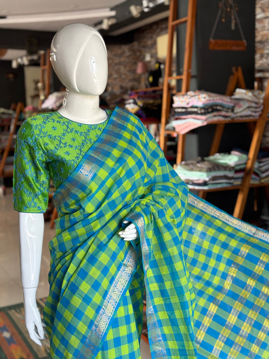 Green silk cotton long blouse with blue Chikankari hand embroidery