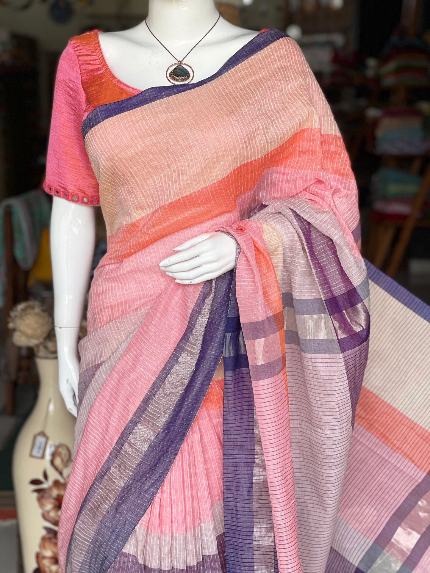 Multi color stripes color block handwoven linen cotton textured saree