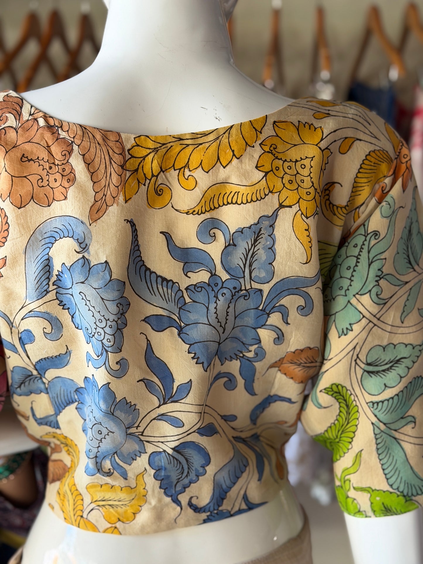 Colorful leaves and flowers - Cream Pen Kalamkari hand painted silk blouse