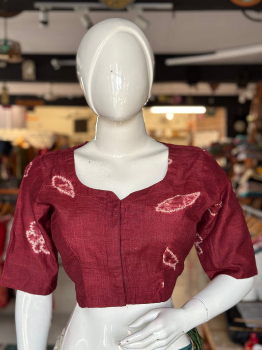 Maroon needle tie n dye shibori silk blouse with sleeves