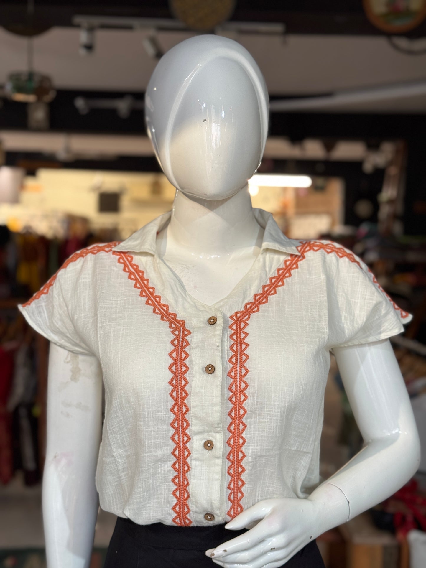 Off white handwoven cotton shirt with hand embroidery and elastic hem