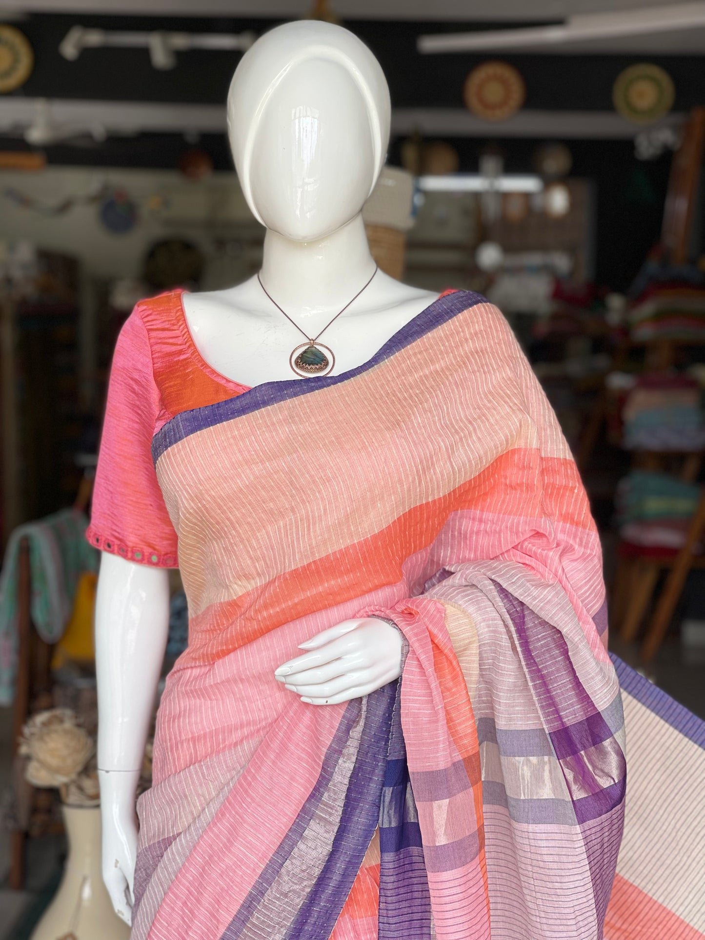 Multi color stripes color block handwoven linen cotton textured saree