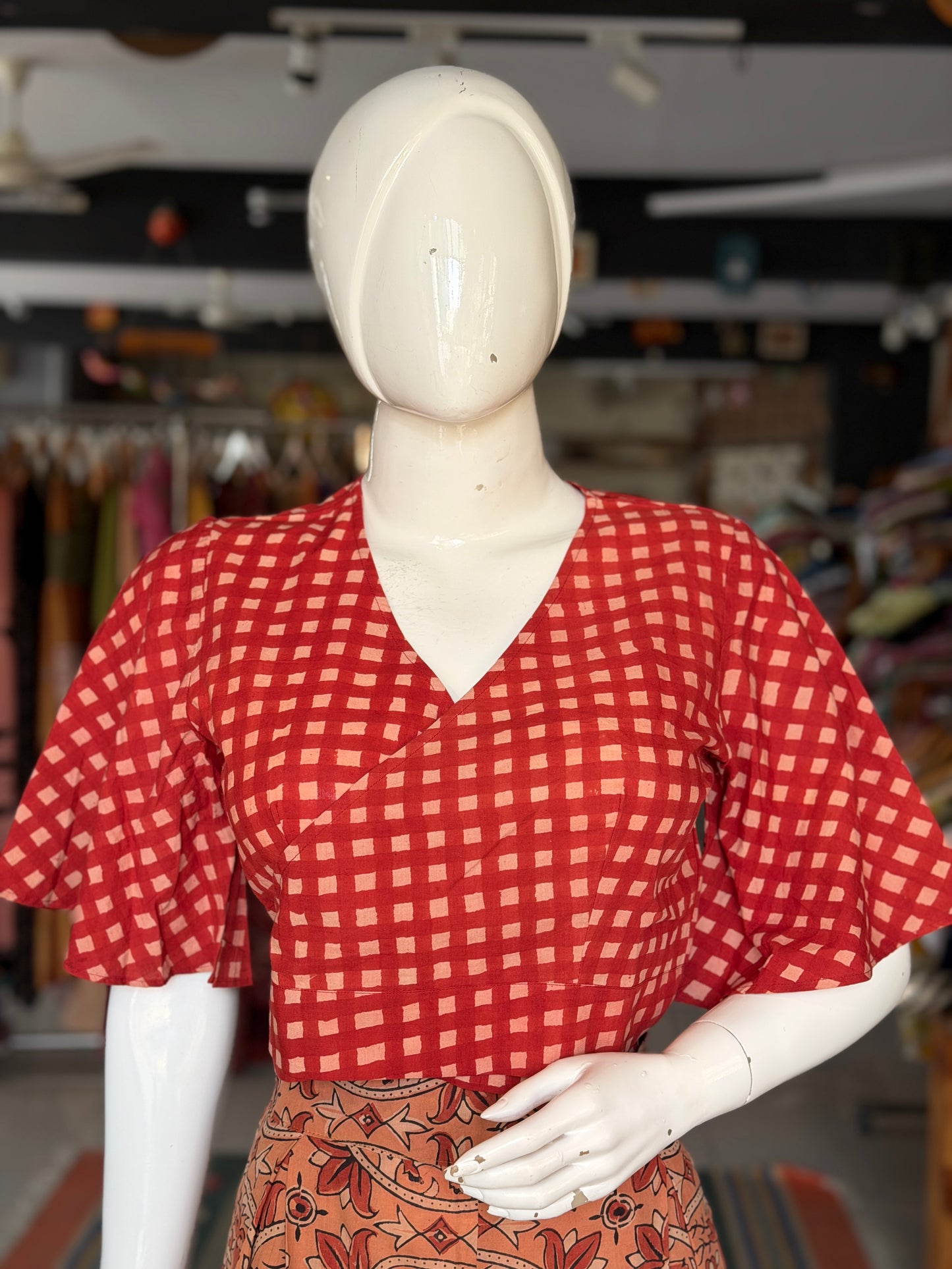 Wrap style free size cotton crop top blouse in natural dyed, hand block printed cotton