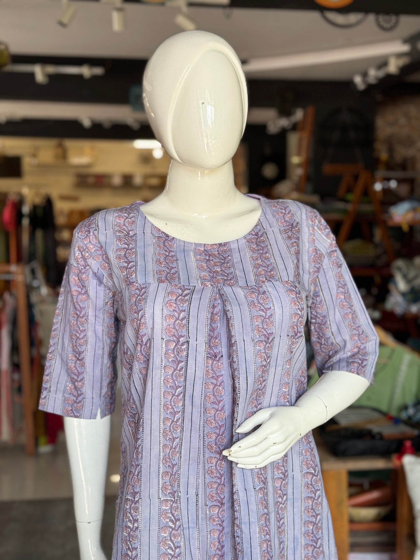 Lavender flowers stripes hand block printed cotton pleated yoke dress/ Kurti