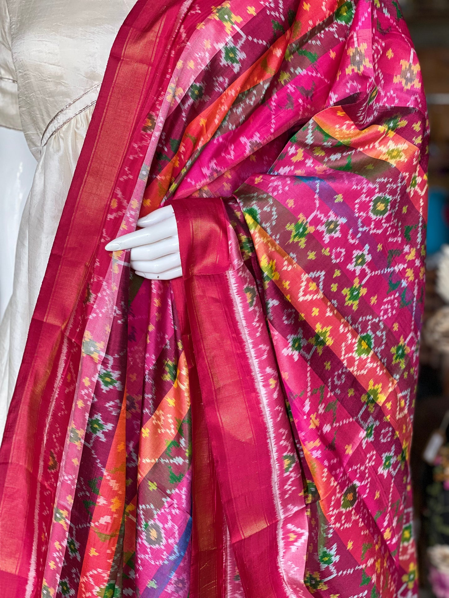 Handwoven mulberry silk ikat patola dupatta on multiple coloured stripes base