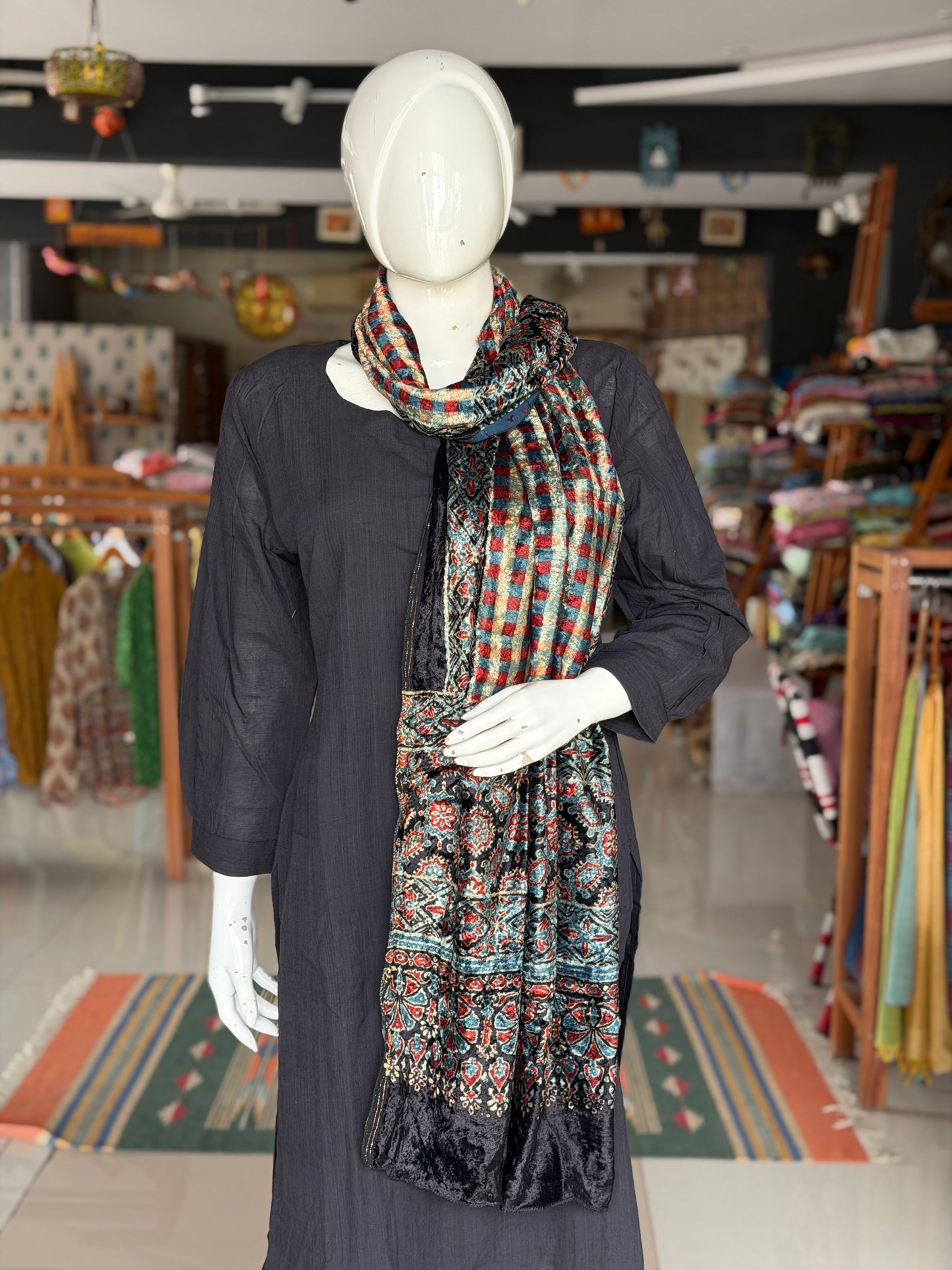 Luxurious Ajrakh hand block printed velvet stole