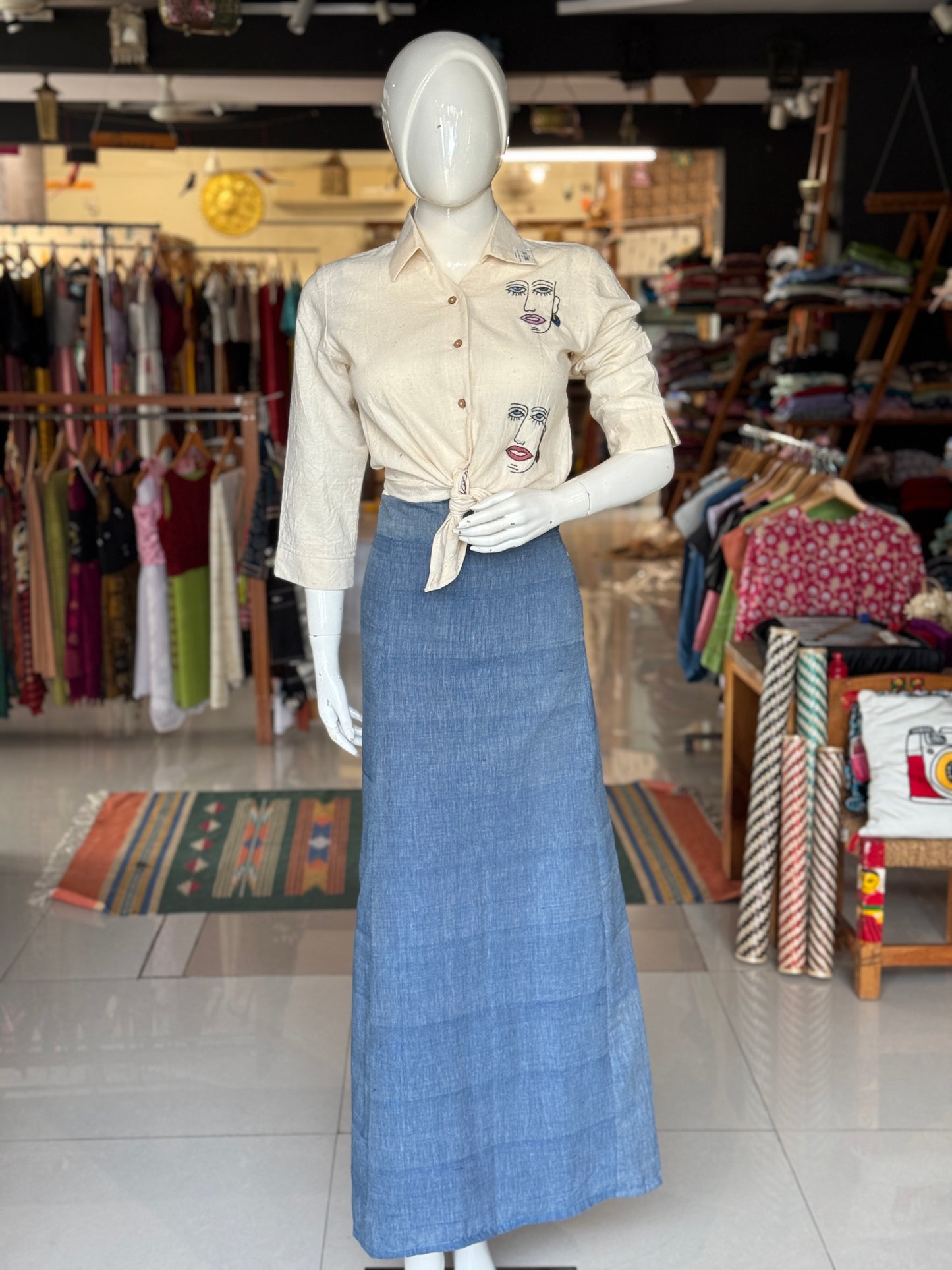 Hand embroidered Off white organic kala cotton shirt for women