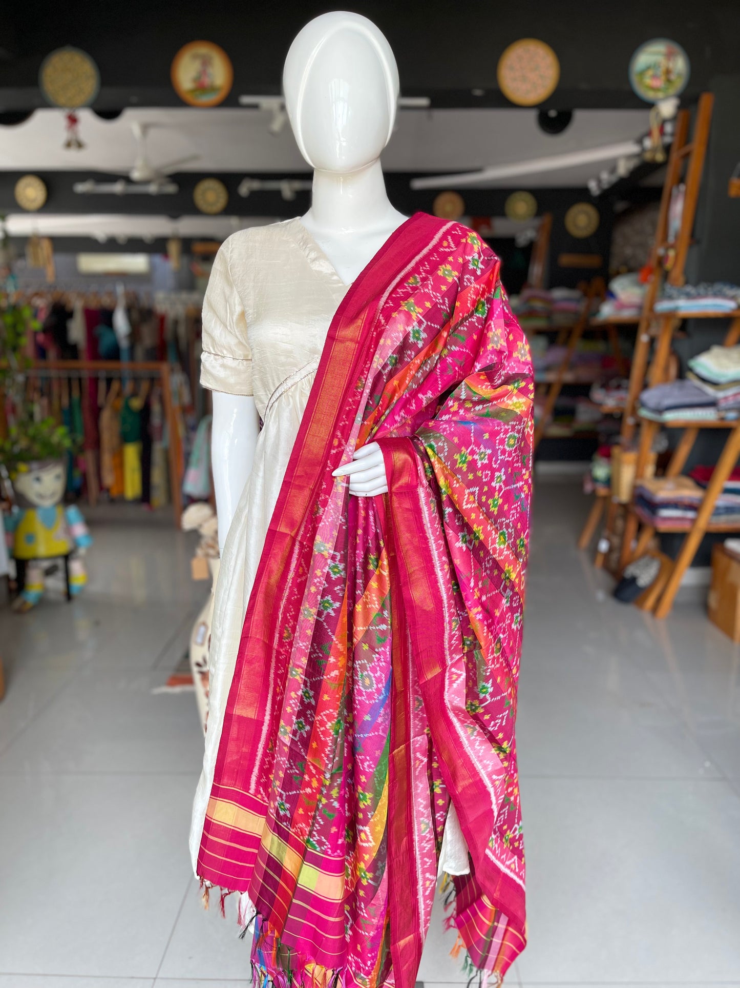 Handwoven mulberry silk ikat patola dupatta on multiple coloured stripes base