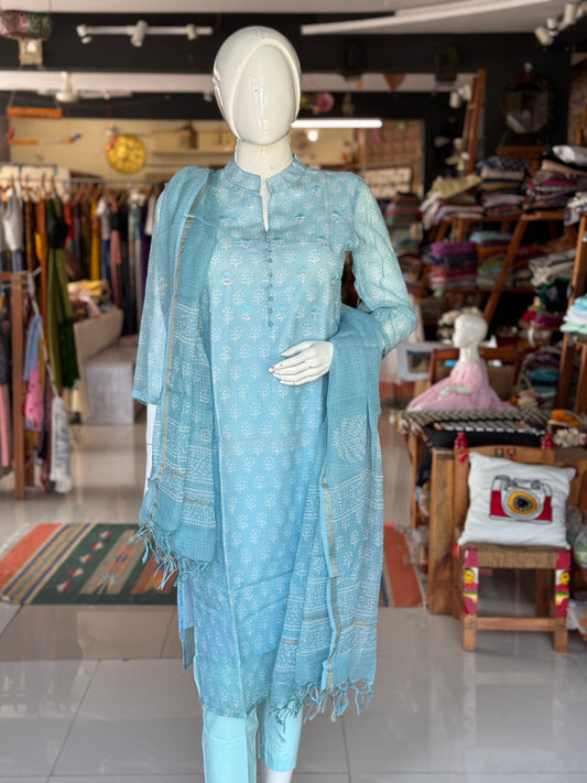 Pastel Blue hand block printed kota cotton straight kurti, pants and dupatta set - with hand embroidery