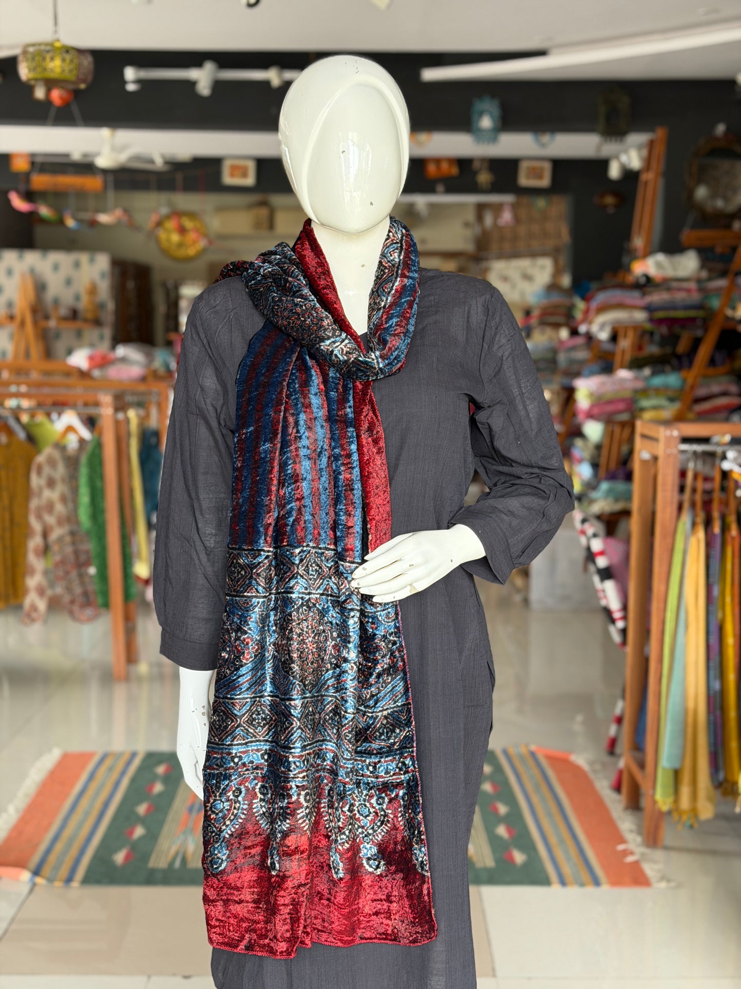 Luxurious Ajrakh hand block printed velvet stole