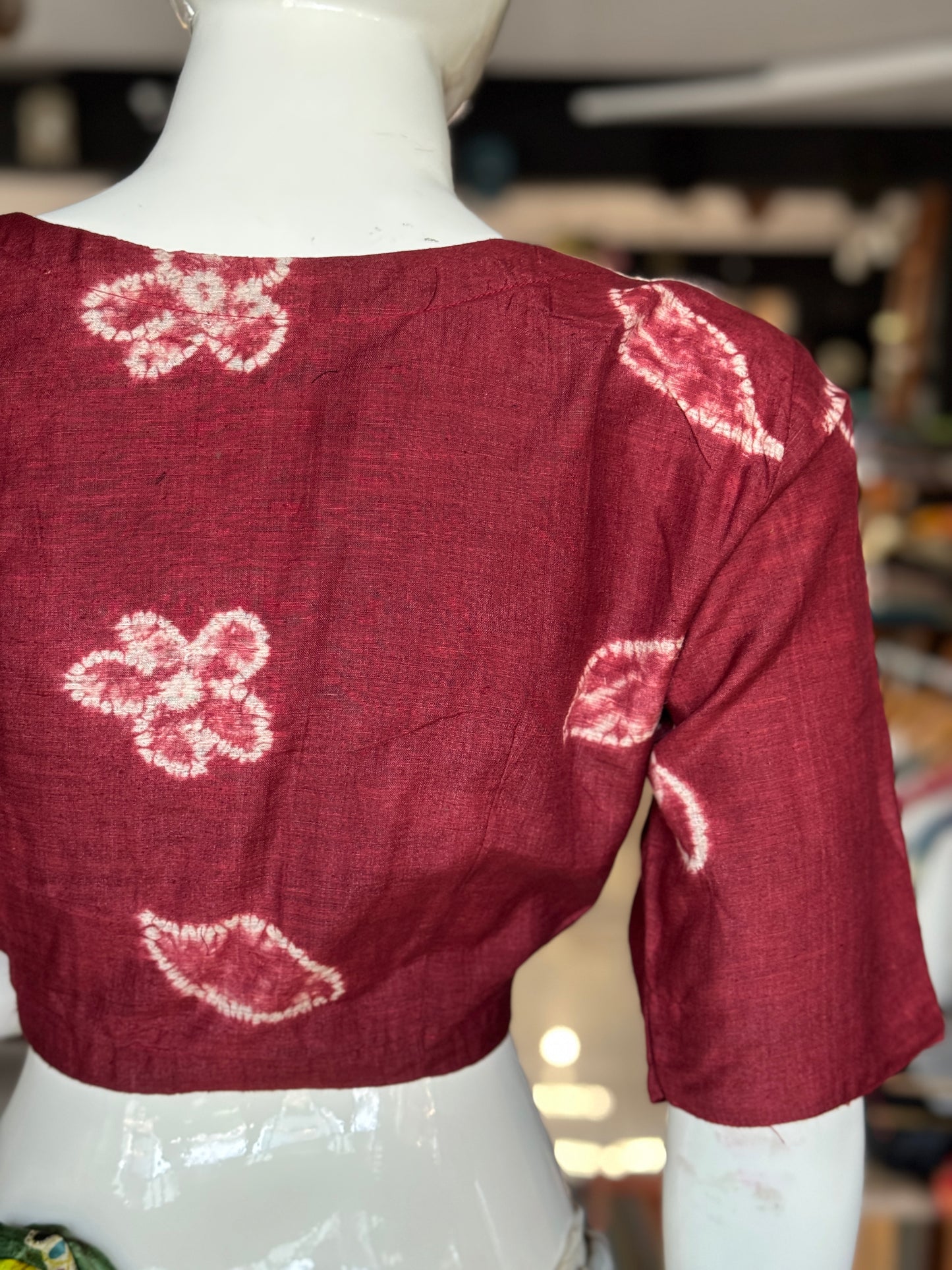 Maroon needle tie n dye shibori silk blouse with sleeves