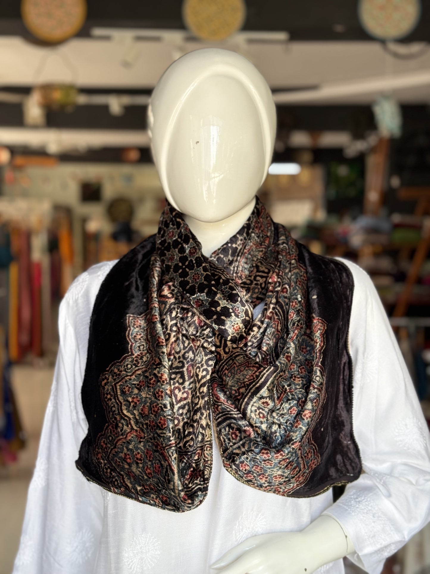 Black stars and hearts print velvet stole with hand block Ajrakh prints