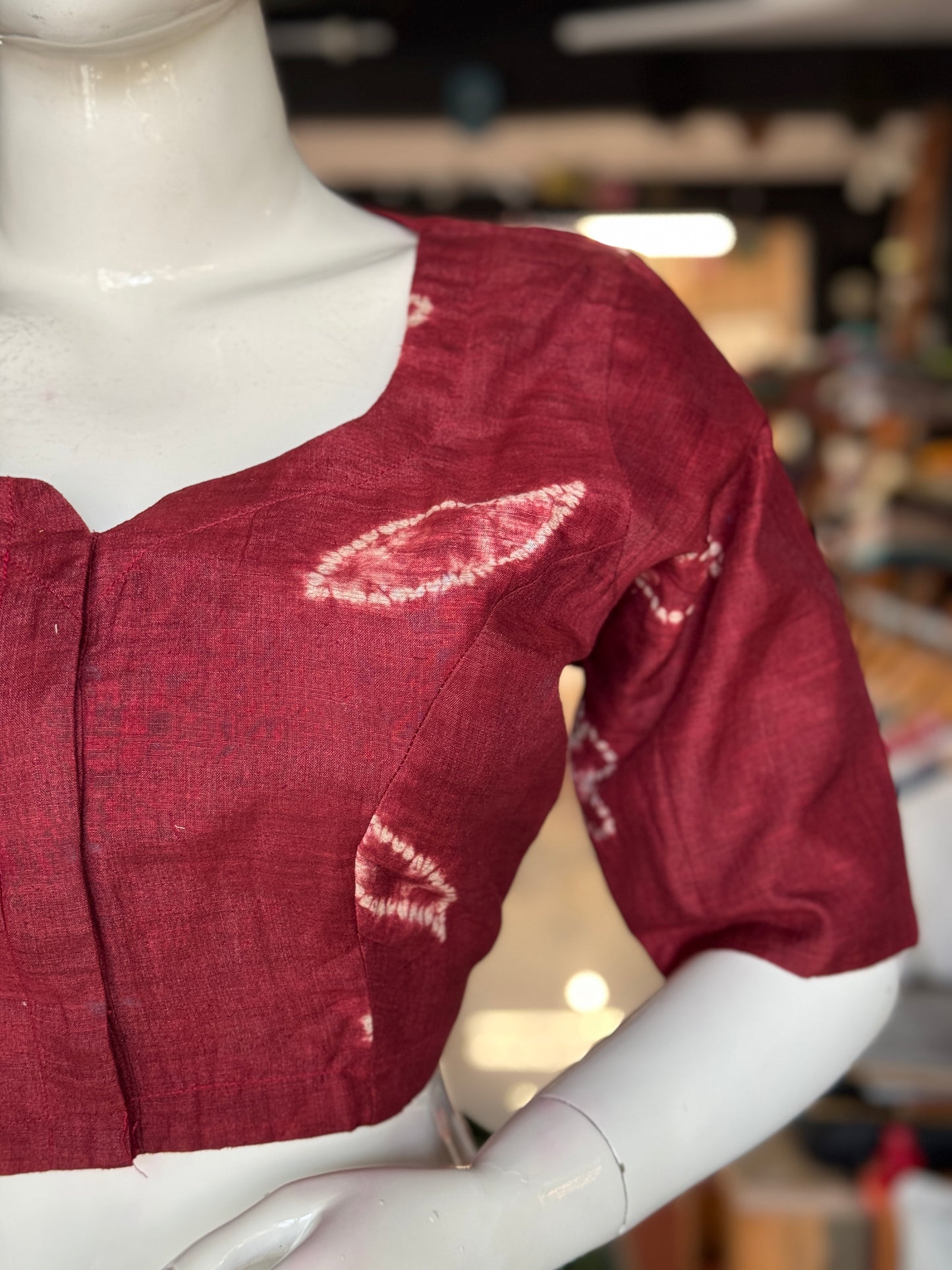 Maroon needle tie n dye shibori silk blouse with sleeves