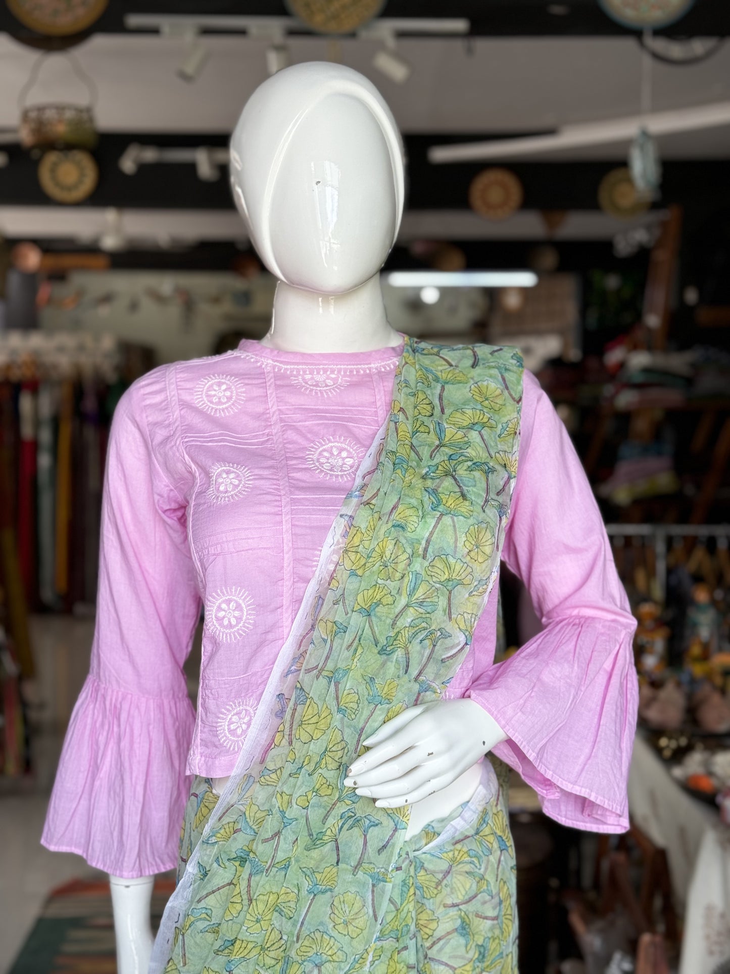 Pink cotton chikankari hand embroidered crop top with flared sleeves