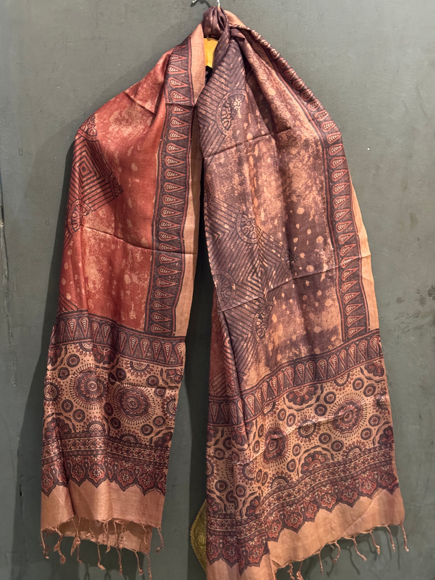 Half n half mauve tone hand woven tussar silk stole with Ajrakh natural dyed hand block prints