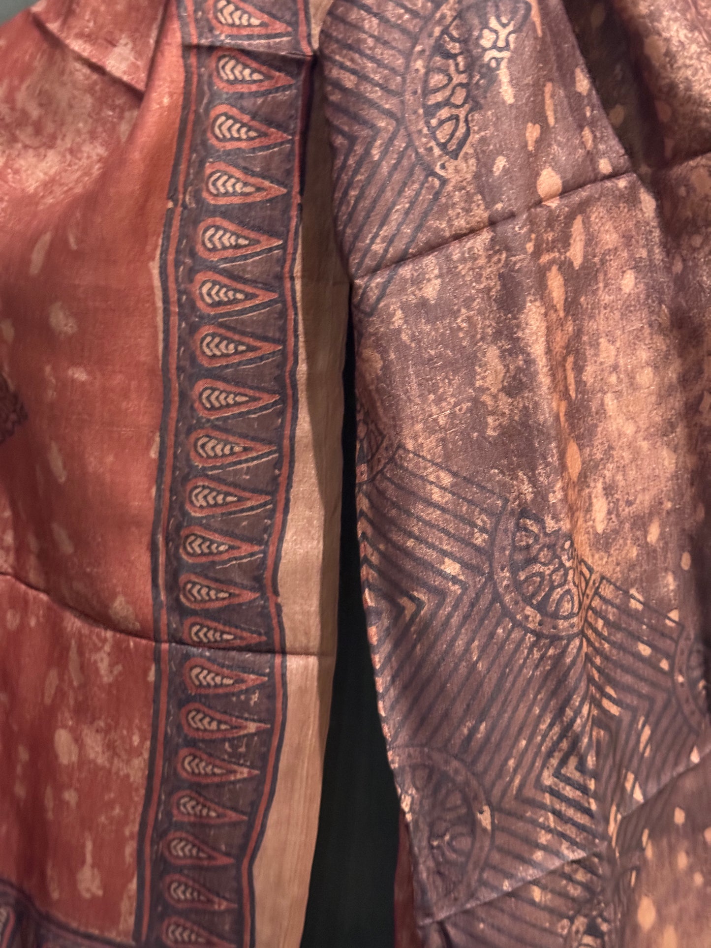 Half n half mauve tone hand woven tussar silk stole with Ajrakh natural dyed hand block prints