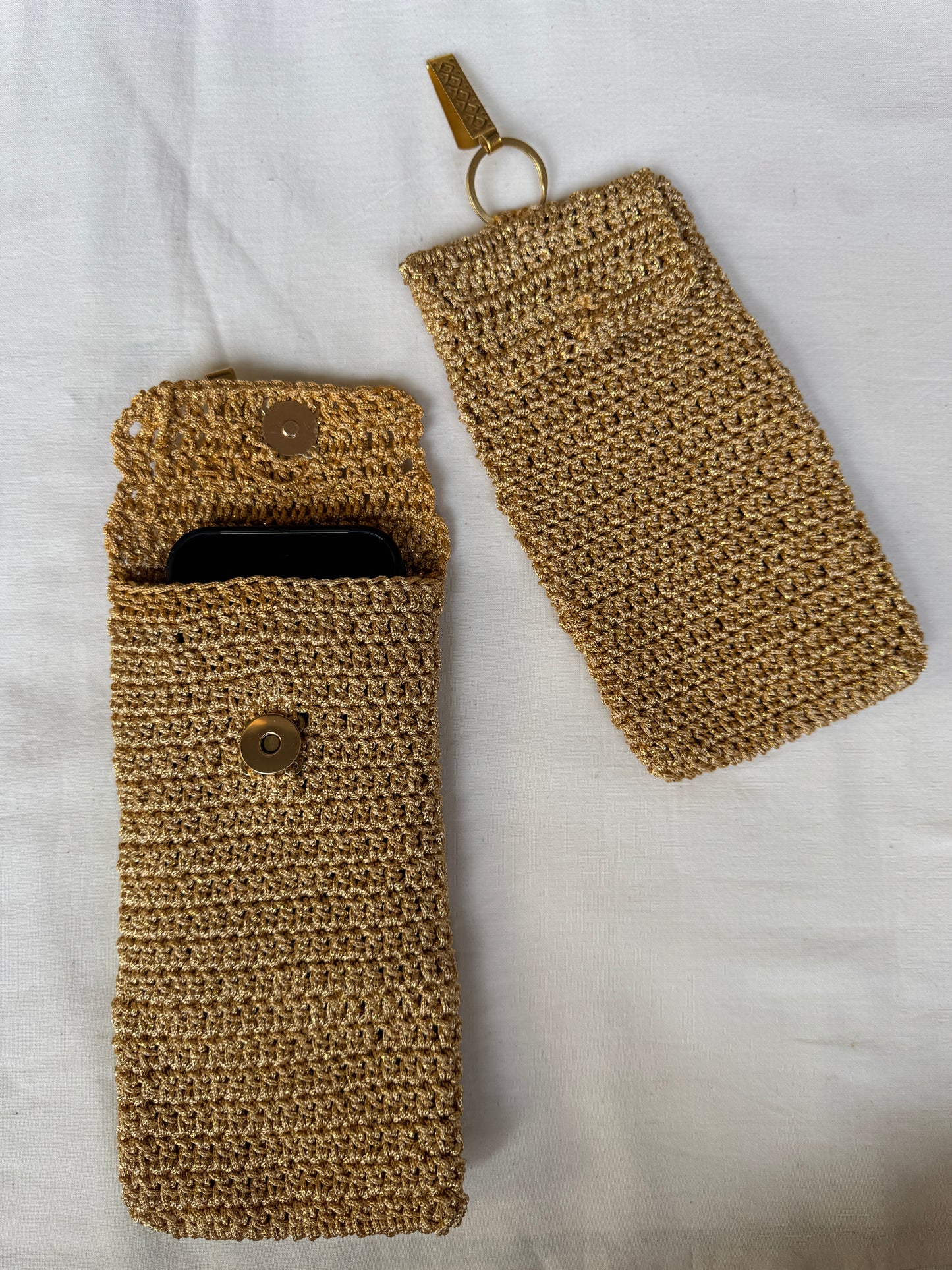 Gold Crochet Mobile phone pouch with waist clip on and magnetic closure - handcrafted crochet