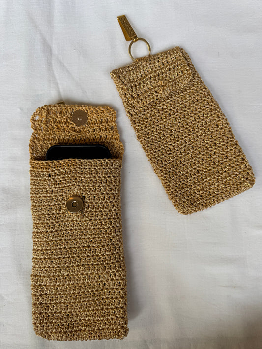 Gold Crochet Mobile phone pouch with waist clip on and magnetic closure - handcrafted crochet