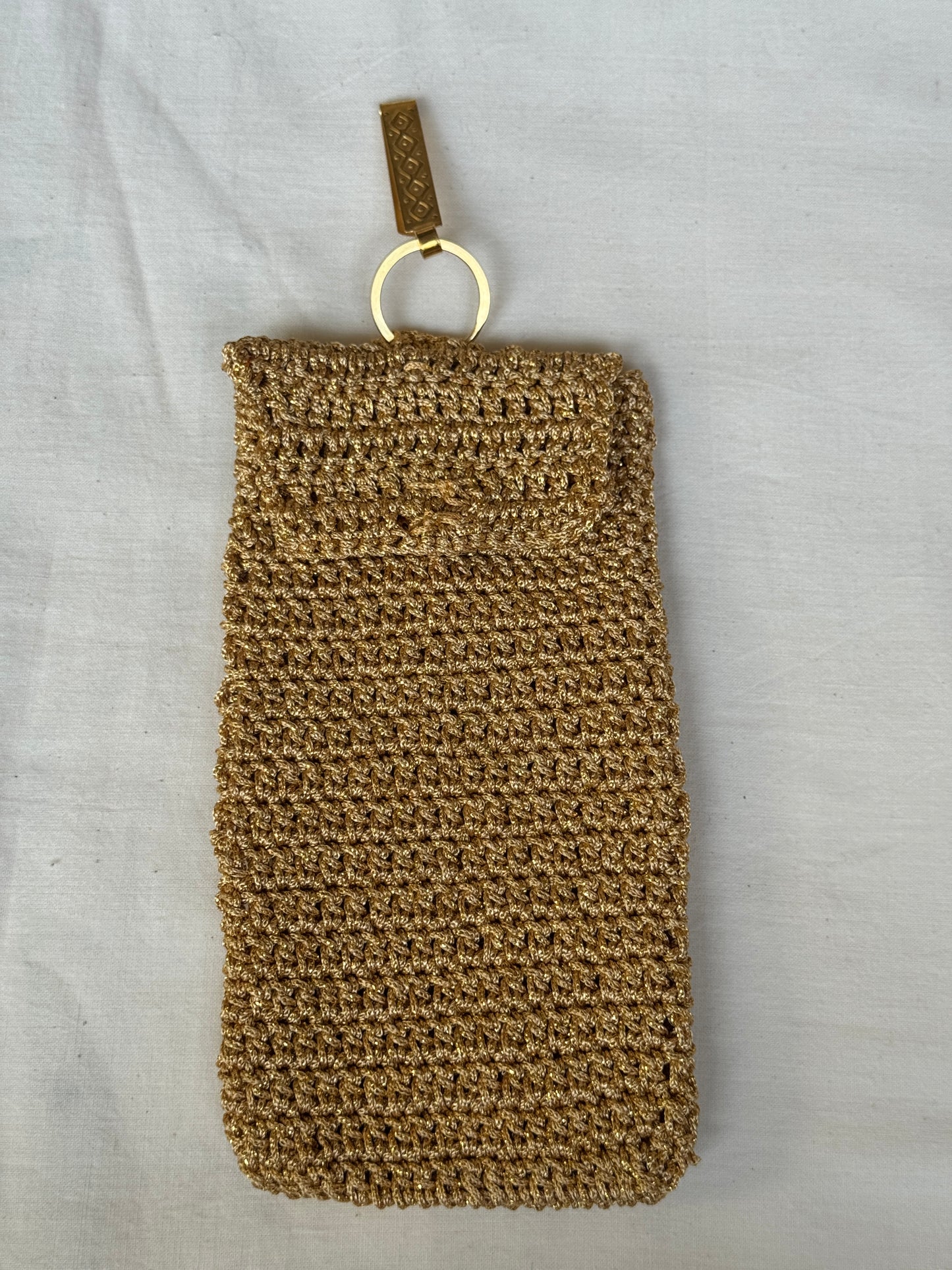Gold Crochet Mobile phone pouch with waist clip on and magnetic closure - handcrafted crochet