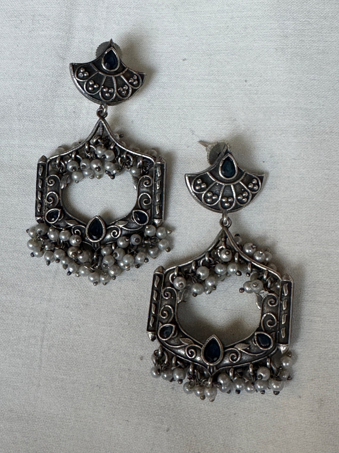 Pearl drops, petal stud with rounded square drop design earrings - Brass with silver look